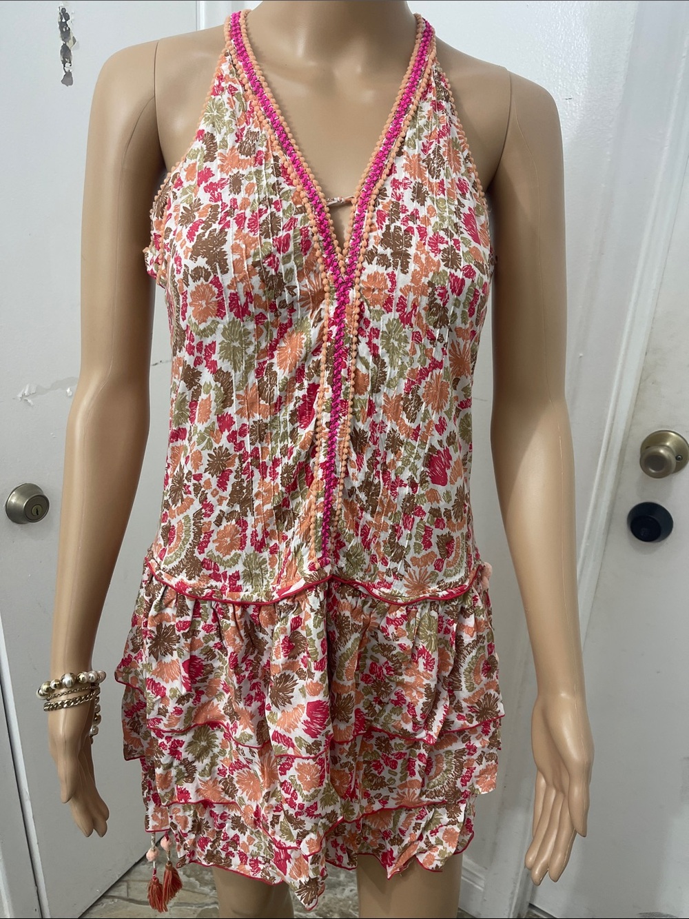 Floral poupette St barthTiered Halter Mini Dress in Pink, Orange & Olive